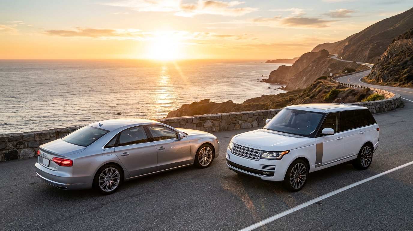 Luxury rental cars parked on scenic coastal highway at sunset